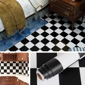 Branded 313032188166 Checkered Black And White Vinyl Flooring Roll 15.8x78.8 In Peel Stick New