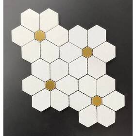 Es Stone 617395141425 Flower Pattern Marble And Golde Metal Mosaic Tiles