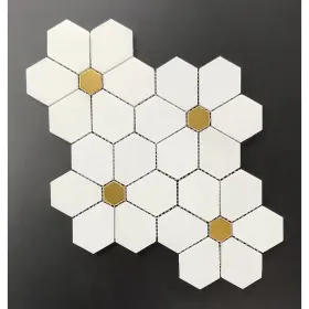 Es Stone 617395141425 Flower Pattern Marble And Golde Metal Mosaic Tiles