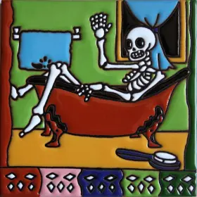Fine Crafts Imports 072632618656 6x6 Taking A Bath. Day-of-the-dead Clay Tile