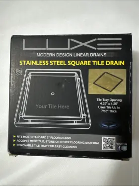 18ga Luxe 856395004006 New Stainless Steel Square Tile Drain 4.25 Inch X Opening 18ga Luxe 856395004006 New Stainless Steel Square Tile Drain 4.25 Inch X Opening