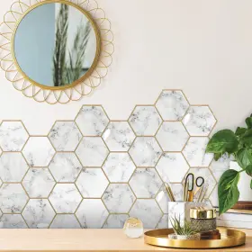 Roommates 034878242415 Til4989flt Cararra Marble And Gold Large Hexagon Sticktile Roommates 034878242415 Til4989flt Cararra Marble And Gold Large Hexagon Sticktile
