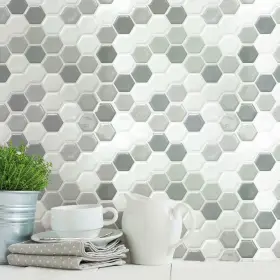 Roommates 034878609751 Til4278flt Sticktiles White And Gray Hexagons Peel Stick Tile Backsplash