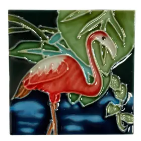 Tcitiles 737633802854 Tropical Pink Flamingo Green Leaves 4x4 Inches Ceramic Tile