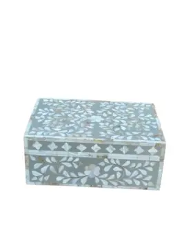 The Mughal Enterprises -16 3.5x6x9 Decorative Wooden Storage Box With Mother Of Pearl Inlay 9x6x3.5 Inch Grey
