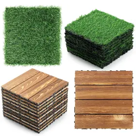 Wood-24 Treela 24 Pcs Hardwood Interlocking Patio Deck Tile And Artificial Grass Waterp