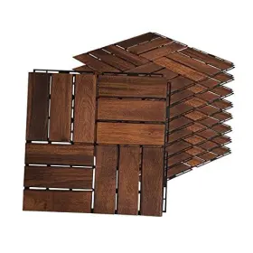 U-002 Uniture Acacia Hardwood Interlocking Deck Tiles - Walnut Grid 12 Inch 9pcs Floor