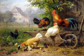 2857 Www.flekmanart.com 25.5 X 17 Mural Ceramic Farm Rooster Chickens By Carl Jutz Backsplash Tile