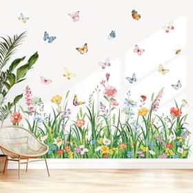 Yanfeng Dm2280 Green Grass Wall Corner Stickers Plant Flowers Butterflies Baseboard Skirting