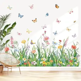 Dm2280 Yanfeng Green Grass Wall Corner Stickers Plant Flowers Butterflies Baseboard Skirting