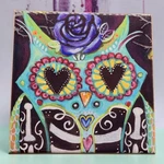 Dia Los Muertos Owl Ceramic Tile 4.25"X4.25" Hand-painted Sugar Skull Design Used. Price: $20.00.
