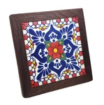 Talavera Hand Painted Tile Trivet Red Escamilla Rojo Framed Walnut 8" X New. Price: $27.95.