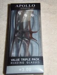 Pr Apollo Eyewear + 3.00 Reading Glasses Value Triple Pack A(7-PO-40A-1) New. Price: $7.46.