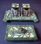 Apollo Studios Tiffany Era Bronze & Glass Inkwells, Tray Roller Used. Price: $549.99.