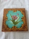 Art Nouveau Henry Richards Majolica Tile Purple Daffodil Brown Ground 1900'S. Price: $62.00.