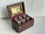 Mughal Brass Inlay Work Old Wooden Perfume Box With Six Glass Bottles Used. Price: $295.00.