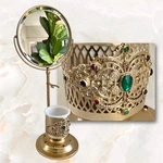 Vtg Apollo Filigree Shaving Mirror Beveled Gold Brass Jewels Hollywood Regency Used. Price: $98.00.