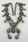 Vtg Navajo Sterling Silver Web Kingman Turquoise Squash Blossom Necklace 184.6G Pre-owned. Price: $1495.00.
